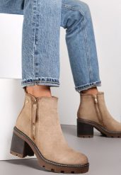 Beżowe Botki na Słupku Boho z Suwakiem Kodra. Brązowe botki Renee, bez wzorów, boho, za kostkę, bez obcasa, na obcasie, bez zapięcia. W wyprzedaży za 94.49 zł.