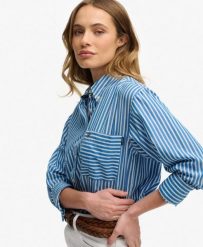 Superdry Koszula Poplin Relaxed damska z długim rękawem z bawełny organicznej. Niebieskie koszule Superdry, bez wzorów, z bawełny, klasyczne, bez kołnierzyka, bez ramiączek. Za 296.85 zł.