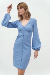 Dopasowana Sukienka na Guziki - Niebieska. Niebieskie sukienki Nife, xxl, bez wzorów, z materiału, wizytowe, bez kołnierzyka, bez ramiączek, dopasowane. Za 289.90 zł.