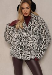 Biała Futrzana Kurtka w Panterkowy Print z Kieszeniami Delinnea. Białe kurtki Renee, l, bez wzorów, z futra, eleganckie, bez kaptura. W wyprzedaży za 213.49 zł.