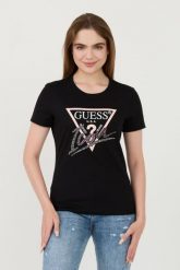 GUESS Czarny t-shirt Icon Tee. Czarne t-shirty Guess, s, z aplikacjami, bez kołnierzyka, bez ramiączek. W wyprzedaży za 215.99 zł.
