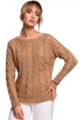 Sweter damski ze splotem typu warkocz beżowy. Brązowe swetry Polskie swetry, l, w ażurowe wzory, z dzianiny, biznesowe, bez ramiączek. Za 239.00 zł.