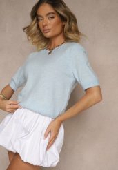 Niebieski Sweter z Wełną Krótkim Rękawem Ozdobiony Ściągaczami Emiralin. Niebieskie swetry Renee, uniwersalny, bez wzorów, z jeansu, casualowe, bez ramiączek. W wyprzedaży za 91.99 zł.
