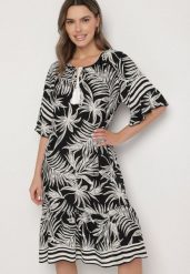 Czarna Sukienka o Pudełkowym Kroju z Wiązaniem przy Dekolcie w Roślinny Wzór Mirionela. Czarne sukienki Born2be, na imprezę, l, bez wzorów, eleganckie, bez kołnierzyka, bez ramiączek, midi. W wyprzedaży za 55.24 zł.