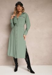 Zielona Sukienka Koszulowa o Rozkloszowanym Kroju z Paskiem i Kieszeniami z Klapami Rinnisa. Zielone sukienki Renee, na imprezę, l, bez wzorów, eleganckie, bez kołnierzyka, bez ramiączek, midi, koszulowe. W wyprzedaży za 90.99 zł.