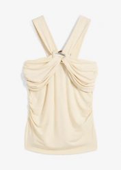 Top z dekoltem typu halter z ozdobną klamrą. Brązowe topy bonprix, bez wzorów, eleganckie, bez kołnierzyka, bez ramiączek. Za 27.99 zł.