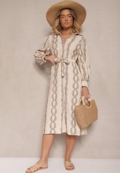 Beżowa Wiskozowa Sukienka o Koszulowym Kroju z Haftem i Wiązanym Paskiem Salliene. Brązowe sukienki Renee, na co dzień, l, z aplikacjami, z wiskozy, eleganckie, bez kołnierzyka, bez ramiączek, midi, koszulowe. W wyprzedaży za 127.99 zł.