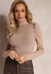 Ciemnobeżowy Sweter Golf z Perełkami Przy Bufiastych Rękawach Hutta. Brązowe swetry Renee, na zimę, bez wzorów, bez ramiączek. W wyprzedaży za 79.99 zł.