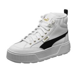 Damskie Skórzane Buty Sportowe Karmen O Średnim Kroju. Białe buty treningowe Puma, bez wzorów, z gumy, bez zapięcia, trekkingowe. Za 526.00 zł.