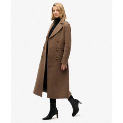 Płaszcz z Mieszanki Wełny z Podwójnym Rzędem Guzików. Brązowe płaszcze Superdry, bez wzorów, z wełny, eleganckie, bez kaptura. W wyprzedaży za 911.85 zł.