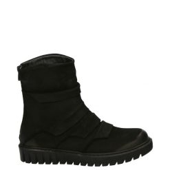 BOTKI Z MARSZCZONĄ CHOLEWKĄ 0594113 BLACK. Czarne botki Venezia, bez wzorów, z nubiku, bez obcasa, bez zapięcia. Za 189.00 zł.