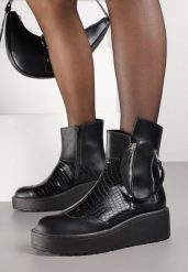 Czarne Botki Vices na Koturnie i Platformie Ozdobione Suwakiem Gattie. Czarne botki Renee, bez wzorów, z jeansu, eleganckie, bez obcasa, na koturnie, bez zapięcia. Za 139.99 zł.