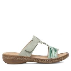Klapki Rieker. Zielone klapki Rieker, bez wzorów, bez obcasa, bez zapięcia. Za 289.99 zł.