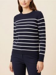 Sweter w paski z ozdobnymi guzikami na ramieniach - granatowy. Niebieskie swetry Sinsay, l, bez wzorów, bez ramiączek. Za 35.99 zł.