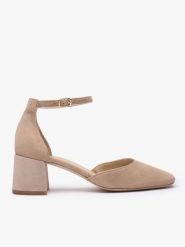 Beżowe czółenka slingback bez pięty. Brązowe czółenka Ryłko, bez wzorów, z gumy, eleganckie, z okrągłym noskiem, bez obcasa, na obcasie, bez zapięcia. Za 399.99 zł.