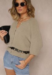 Beżowy Kardigan z Rękawem 3/4 z Dodatkiem Wełny Iffarisse. Brązowe swetry Renee, bez wzorów, z jeansu, eleganckie, bez ramiączek. W wyprzedaży za 127.99 zł.