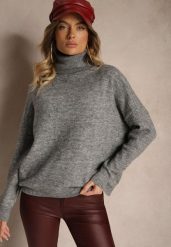 Szary Casualowy Golf z Wełną i Wiskozą Rinlia. Szare swetry Renee, z aplikacjami, z jeansu, biznesowe, bez ramiączek. W wyprzedaży za 79.99 zł.