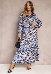 Granatowo-Niebieska Rozkloszowana Sukienka Koszulowa w Fantazyjny Print Alendia. Niebieskie sukienki Renee, l, bez wzorów, bez kołnierzyka, bez ramiączek, maxi, koszulowe. W wyprzedaży za 127.99 zł.