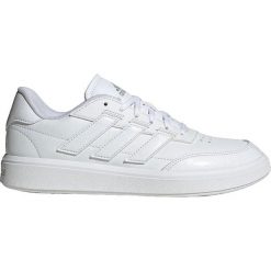 Buty sportowe adidas Courtblock Białe. Białe buty treningowe adidas, bez wzorów, z gumy, bez zapięcia. W wyprzedaży za 241.75 zł.