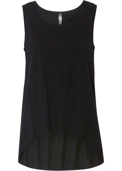 Top z bawełny organicznej. Czarne topy bonprix, bez wzorów, z bawełny, bez kołnierzyka, bez ramiączek. Za 49.99 zł.