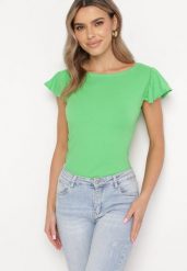 Zielony Bawełniany Top z Falbankami Wokół Rękawów Fenculia. Zielone t-shirty Born2be, xl, bez wzorów, z bawełny, bez kołnierzyka, bez ramiączek. W wyprzedaży za 29.74 zł.