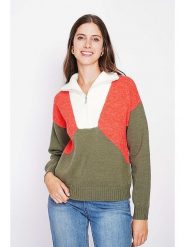 C& Jo Sweter w kolorze oliwkowo-czerwono-białym rozmiar: 38. Białe swetry C& Jo, bez wzorów, ze splotem, klasyczne, bez ramiączek. Za 130.99 zł.