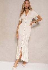 Jasnobeżowa Dopasowana Sukienka z Dzianiny z Wiskozą Zdobiona Guzikami i Falbaną Aluona. Brązowe sukienki Renee, na co dzień, s, z aplikacjami, z dzianiny, eleganckie, bez kołnierzyka, bez ramiączek, mini, dopasowane. W wyprzedaży za 159.99 zł.