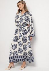 Niebieska Wiskozowa Sukienka Oversize w Etniczny Wzór z Wiązanym Paskiem Florseki. Niebieskie sukienki Born2be, na co dzień, m, bez wzorów, z wiskozy, eleganckie, bez kołnierzyka, bez ramiączek, maxi, oversize. W wyprzedaży za 97.99 zł.