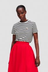 KARL LAGERFELD Czarno-biały t-shirt damski Ikon Stripe Boxy. Czarne t-shirty KARL LAGERFELD, s, bez wzorów, z materiału, klasyczne, bez kołnierzyka, bez ramiączek. W wyprzedaży za 309.99 zł.