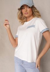Biała Bawełniana Bluzka T-shirt Oversize z Ozdobnym Wykończeniem Mirnil. Białe bluzki Renee, l, bez wzorów, z bawełny, klasyczne, bez kołnierzyka, bez ramiączek. W wyprzedaży za 31.99 zł.