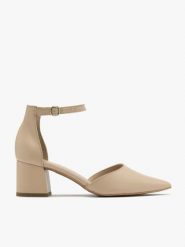 Beżowe czółenka na klocku. Brązowe czółenka Ryłko, bez wzorów, ze skóry, bez obcasa, na słupku, bez zapięcia. W wyprzedaży za 199.99 zł.