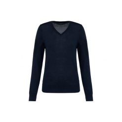 Damski sweter z merynosów z dekoltem v-neck Kariban Premium. Niebieskie swetry KARIBAN, na zimę, bez wzorów, z wełny, eleganckie, bez ramiączek. W wyprzedaży za 268.00 zł.