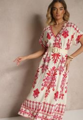 Czerwona Pudełkowa Sukienka z Lnem z Dekoltem w Kształcie Litery V Iffellee. Czerwone sukienki Renee, na co dzień, l, bez wzorów, z jeansu, klasyczne, bez kołnierzyka, bez ramiączek, maxi. Za 79.99 zł.