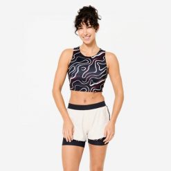 Koszulka fitness damska Domyos bez rękawów crop top. Czarne topy sportowe DOMYOS, l, bez wzorów, z elastanu, na fitness i siłownię. W wyprzedaży za 21.99 zł.