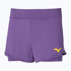 Spodenki tenisowe damskie Mizuno Flex Short. Fioletowe szorty sportowe Mizuno, bez wzorów, z materiału, na fitness i siłownię. Za 119.99 zł.