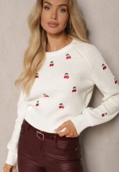 Biały Sweter z Wiskozą i Haftowanymi Wisienkami Vaioria. Białe swetry Renee, bez wzorów, z jeansu, casualowe, bez ramiączek. W wyprzedaży za 103.99 zł.