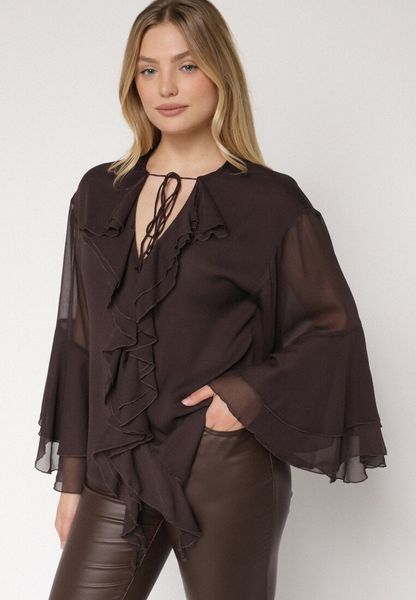 Brązowa Bluzka w Rustykalnym Stylu z Wiązaniem i Falbankami Nenarea. Brązowe bluzki Born2be, l, bez wzorów, z jeansu, biznesowe, bez kołnierzyka, bez ramiączek. Za 99.99 zł.