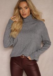 Szary Casualowy Golf z Dodatkiem Bawełny i Wiskozy Lerinae. Szare swetry Renee, l, bez wzorów, z bawełny, eleganckie, bez ramiączek. W wyprzedaży za 55.99 zł.