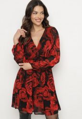 Czarno-Czerwona Rozkloszowana Sukienka w Róże z Bufiastymi Rękawami i Marszczeniem w Talii Senarielle. Czarne sukienki Born2be, na co dzień, l, bez wzorów, eleganckie, bez kołnierzyka, bez ramiączek, mini, kopertowe. W wyprzedaży za 135.99 zł.