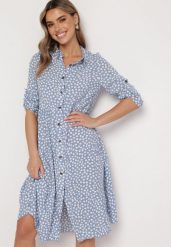 Jasnoniebieska Rozkloszowana Sukienka Koszulowa Midi Maijane. Niebieskie sukienki Born2be, xl, bez wzorów, bez kołnierzyka, bez ramiączek, midi, koszulowe. W wyprzedaży za 63.74 zł.