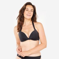 Góra kostiumu kąpielowego surfingowego damska Olaian Elena. Czarne bikini OLAIAN, bez wzorów, z elastanu, sportowe. Za 79.99 zł.