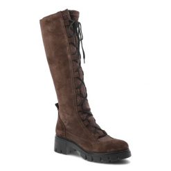 Brązowe Kozaki Simen Eleganckie Wysoki Buty Damskie. Brązowe kozaki Simen, bez wzorów, eleganckie, bez obcasa, bez zapięcia. Za 619.00 zł.