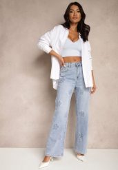 Niebieskie Szerokie Jeansy High Waist Zdobione Wzorem w Kwiaty Firedis. Niebieskie jeansy Renee, na lato, l, z aplikacjami, z jeansu, eleganckie, z podwyższonym stanem. W wyprzedaży za 99.99 zł.