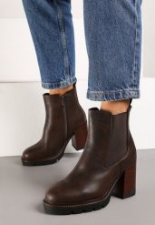 Brązowe Botki Sztyblety na Słupku Ozdobione Elastyczną Wstawką Rearia. Brązowe botki Renee, bez wzorów, z jeansu, eleganckie, bez obcasa, na obcasie, bez zapięcia. W wyprzedaży za 80.49 zł.