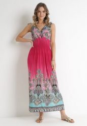 Ciemnoróżowa Sukienka ze Sznurkami na Ramionach i Szeroką Gumką w Pasie Lariresa. Czerwone sukienki Born2be, l, bez wzorów, bez kołnierzyka, bez ramiączek, maxi, kopertowe. Za 49.99 zł.