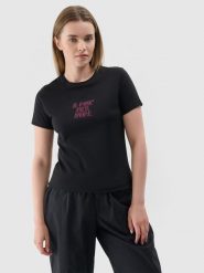 4F T-shirt slim z nadrukiem damski - czarny L. Czarne t-shirty 4f, l, bez wzorów, z dzianiny, klasyczne, bez kołnierzyka, bez ramiączek. Za 29.99 zł.