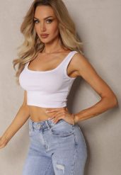 Biały Tank Top z Elastycznej Bawełny z Głębokim Dekoltem Omaliana. Białe topy Renee, xl, bez wzorów, z bawełny, bez kołnierzyka, bez ramiączek. W wyprzedaży za 15.99 zł.
