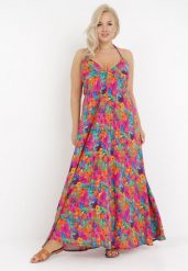 Fuksjowa Sukienka Artasia. Czerwone sukienki Born2be, l, z aplikacjami, boho, bez kołnierzyka, bez ramiączek, maxi, rozkloszowane. W wyprzedaży za 111.99 zł.