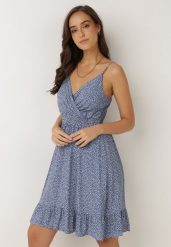Niebieska Sukienka Agalena. Niebieskie sukienki Born2be, l, bez wzorów, z bawełny, bez kołnierzyka, bez ramiączek, mini, kopertowe. Za 109.99 zł.
