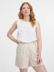 Orsay Top w kolorze białym rozmiar: 34. Białe topy Orsay, bez wzorów, z koronki, bez kołnierzyka, bez ramiączek. Za 43.99 zł.